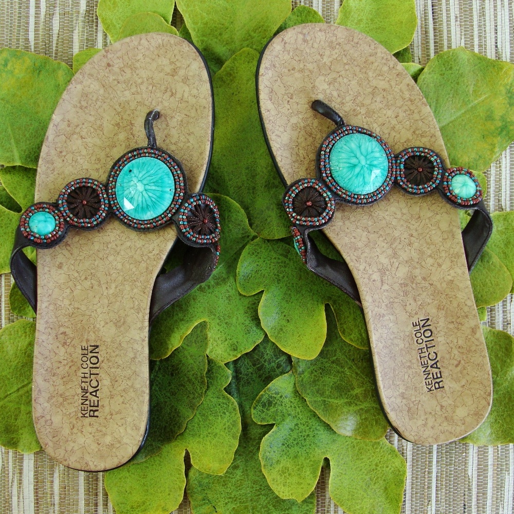 Beaded Turquoise Cork Flip Flops Thongs Sandals 7